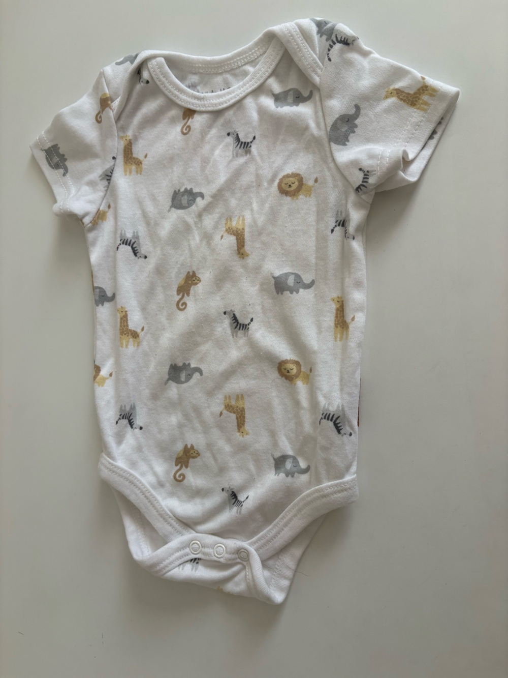White Baby One-Piece Bodysuit with Yellow and Gray Safari Animals